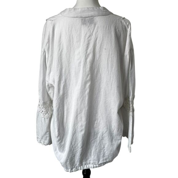 TUCKERNUCK Women's XXL Blanc White Piper Lace Top Tunic Cotton Linen Bell Sleeve - Picture 4 of 11